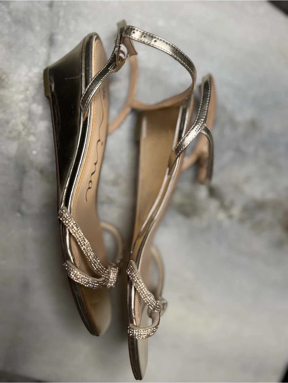 Nina Shoes Gold Rhinestone Knot Wedge Sandals